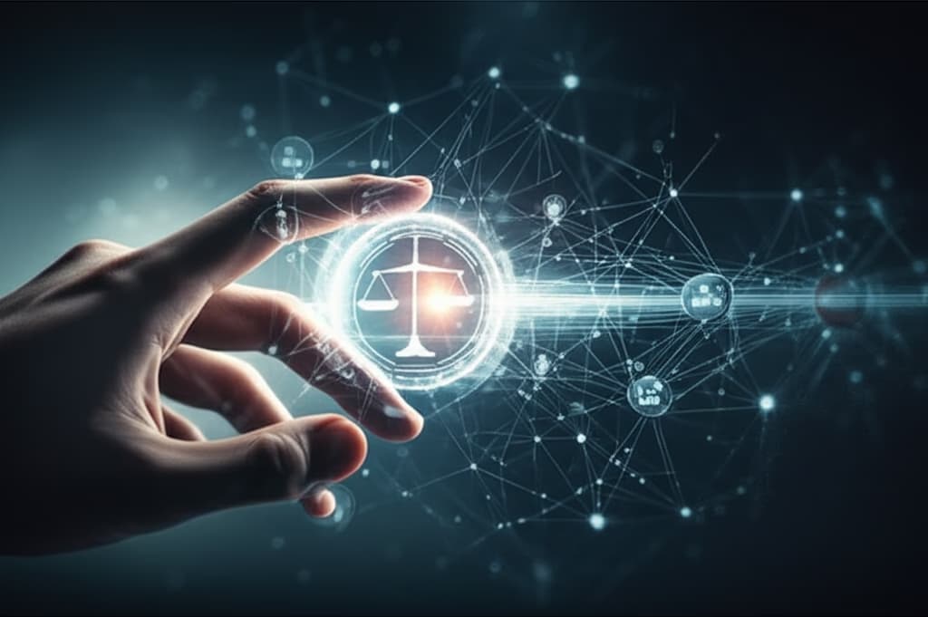 Illustration depicting a human interacting with a complex AI system, symbolizing AI ethics, data privacy, fairness, and responsible artificial intelligence development.