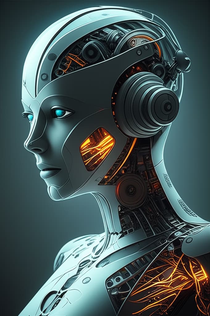 Highly detailed realistic image of a futuristic AI robot, showcasing advanced humanoid design with intricate components and sleek lines, representing cutting-edge artificial intelligence technology.