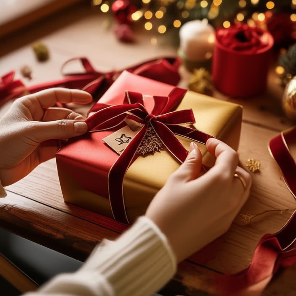 Close-up of hands carefully wrapping a Christmas gift with red paper and a gold velvet ribbon on a wooden table, surrounded by festive holiday decorations.
