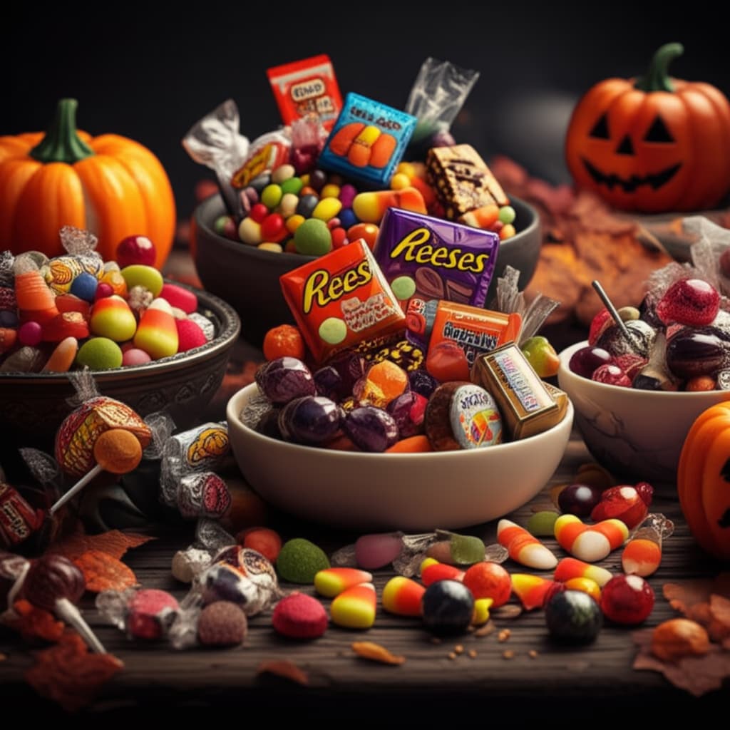 A natural and ultra-realistic Halloween candy display featuring a diverse assortment of popular chocolates, vibrant gummy candies, lollipops, and traditional spooky treats, meticulously arranged in festive bowls on a rustic surface, perfect for Halloween party ideas or trick-or-treating.