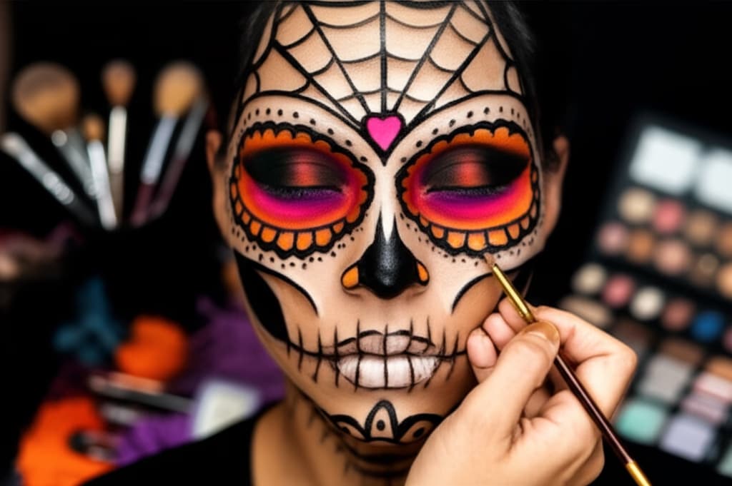 Close-up image of a model showcasing intricate Halloween makeup in progress, demonstrating a step-by-step tutorial for a realistic and creative costume look.