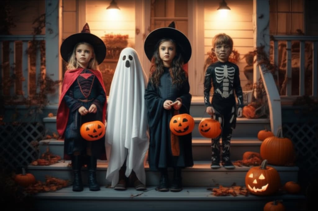 A realistic, high-quality image of diverse children in detailed Halloween costumes trick-or-treating on a porch with glowing Jack-o'-lanterns and autumn leaves.