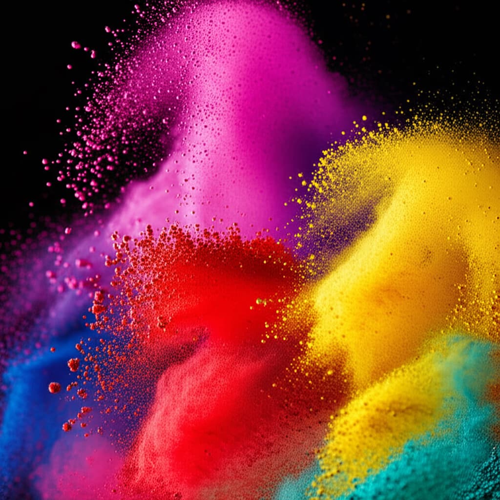 Close-up of vibrant Holi color powder (gulal) in shades of red, blue, yellow, and green, mid-air, representing the joyous Indian festival of colors.