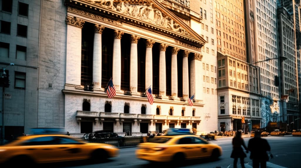 Iconic New York Stock Exchange (NYSE) building facade on Wall Street, a symbol of the global stock market and American finance.