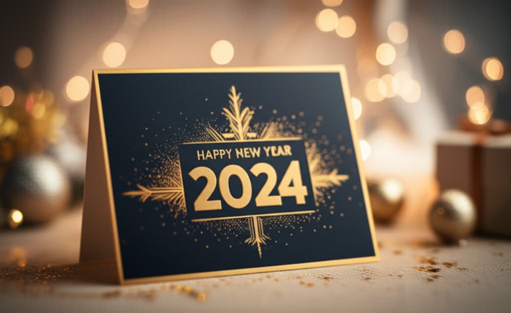 A realistic New Year greeting card image with 'Happy New Year' text, surrounded by festive lights and subtle decorations, perfect for 2024 celebrations.