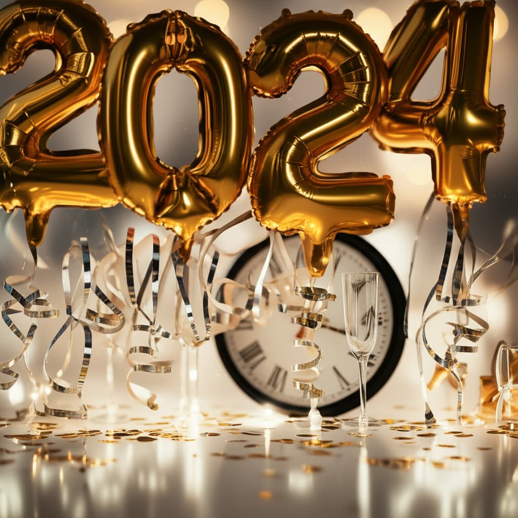Close-up of sparkling gold and silver New Year party decorations, including 2024 balloons, confetti, champagne flutes, and festive lights, creating a celebratory atmosphere.