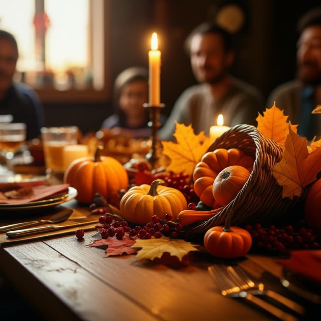 Realistic image of a warm Thanksgiving dinner table decorated with autumn leaves and pumpkins, symbolizing gratitude and thankfulness for Thanksgiving quotes.