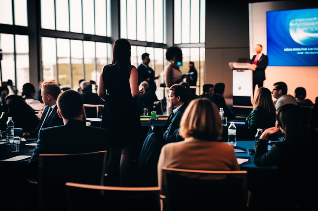High-resolution image of a diverse group of business professionals attending a corporate annual meeting, featuring a speaker on stage and attendees networking in a modern conference hall, symbolizing corporate success and collaboration.