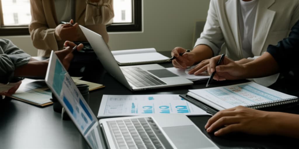Realistic image depicting a detailed assessment and evaluation process, showcasing professionals analyzing data, charts, reports, and digital displays in a modern, collaborative office environment, signifying performance review and strategic analysis.