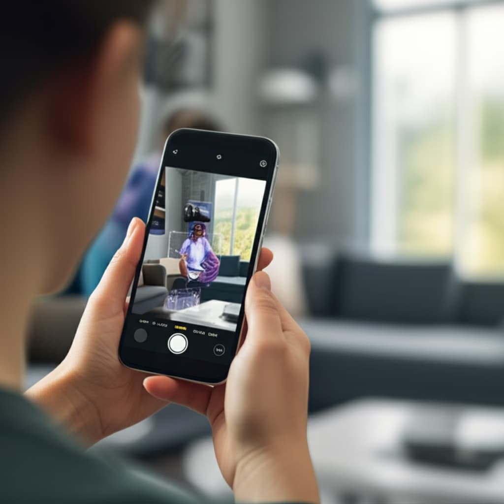 A person using an augmented reality mobile application on a smartphone, displaying a virtual 3D object like furniture or a character overlaid onto a real-world setting.
