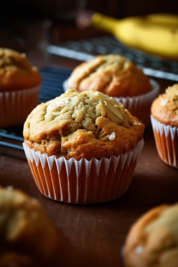 Close-up of golden-brown, freshly baked homemade banana muffins on a wooden board, showing moist texture.