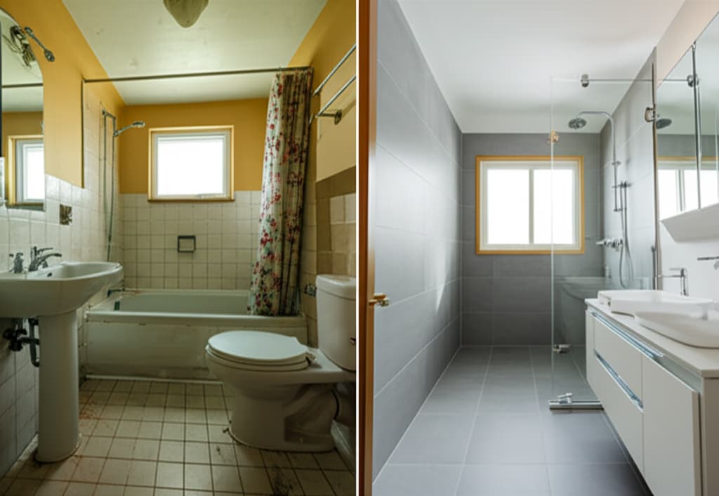 Side-by-side image showcasing a dramatic bathroom renovation. On the left is an outdated, old bathroom with yellowing tiles. On the right is the same space transformed into a modern, bright, and luxurious bathroom with new fixtures and contemporary design.