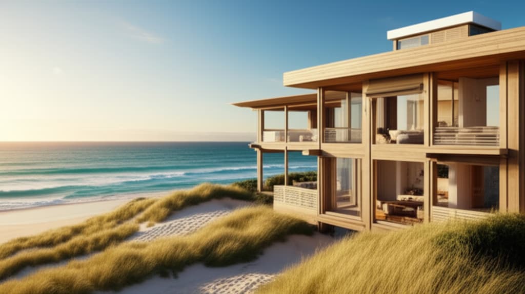 Ultra-realistic image of a modern beach house with stunning ocean views on a pristine sandy beach, featuring natural wood and glass architecture under a clear sky.