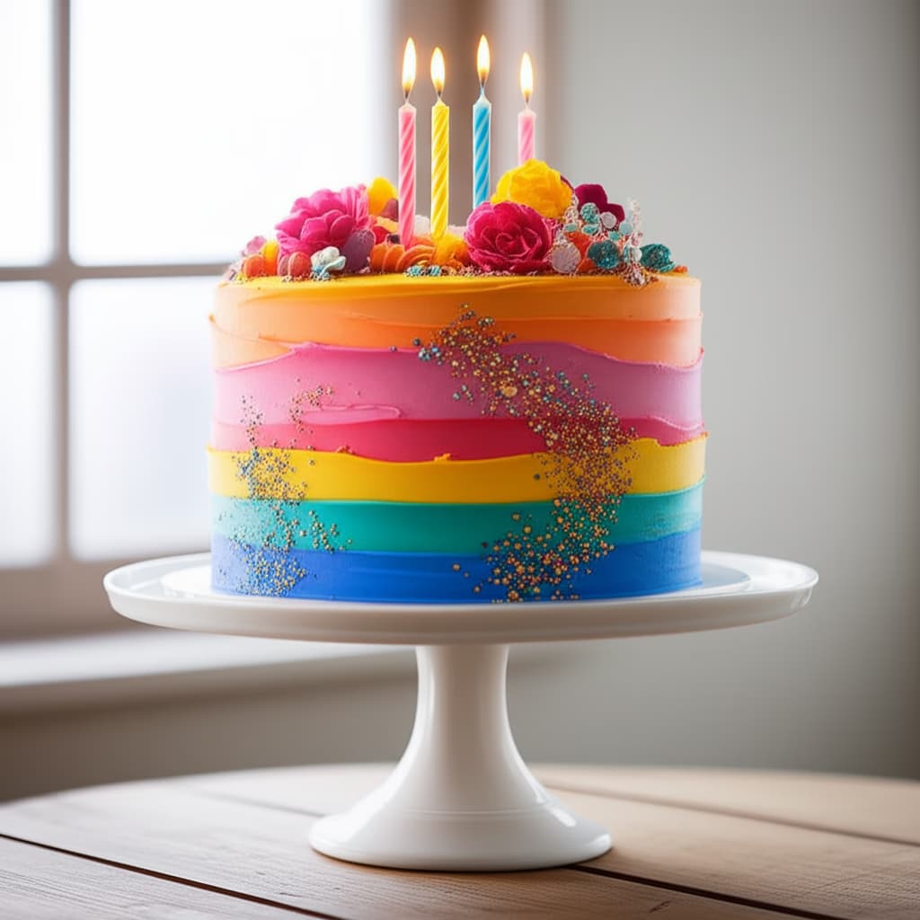A vibrant, multi-tiered birthday cake with colorful frosting, sprinkles, and lit candles, ready for a festive celebration.