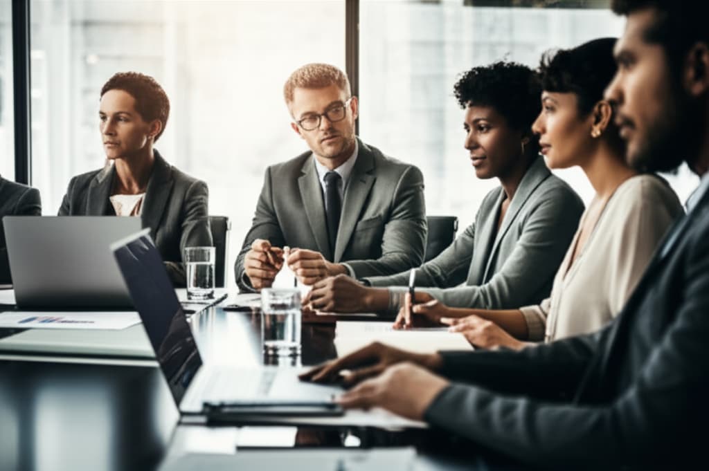 Diverse group of executives engaged in a strategic board meeting, seated around a modern conference table, discussing corporate plans and making key decisions.