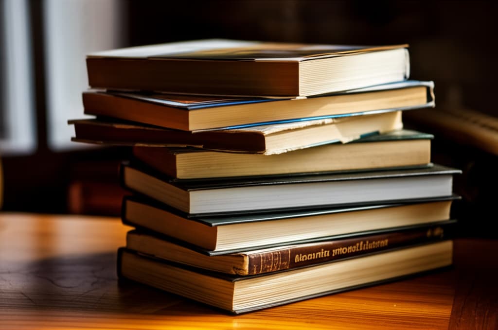 A natural, ultra-high quality, realistic image of a diverse stack of old and new books with varied textures and colors, placed on a wooden surface, symbolizing knowledge, reading, and literature.