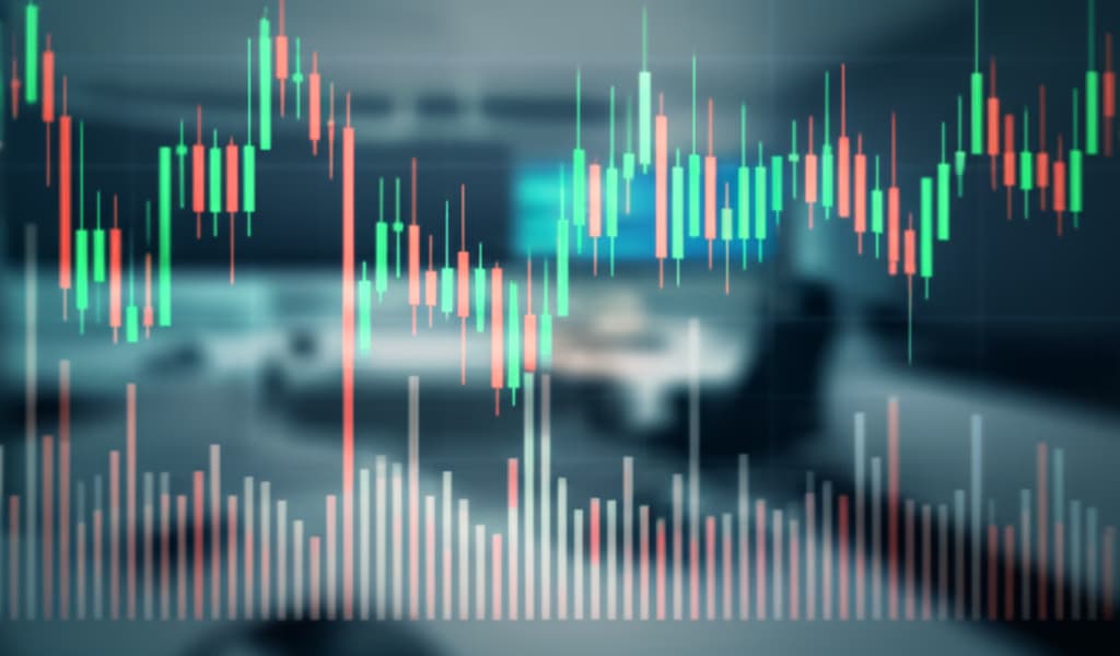 Realistic candlestick chart displaying stock market data with green and red candles, volume bars, and price axis for financial analysis and trading.