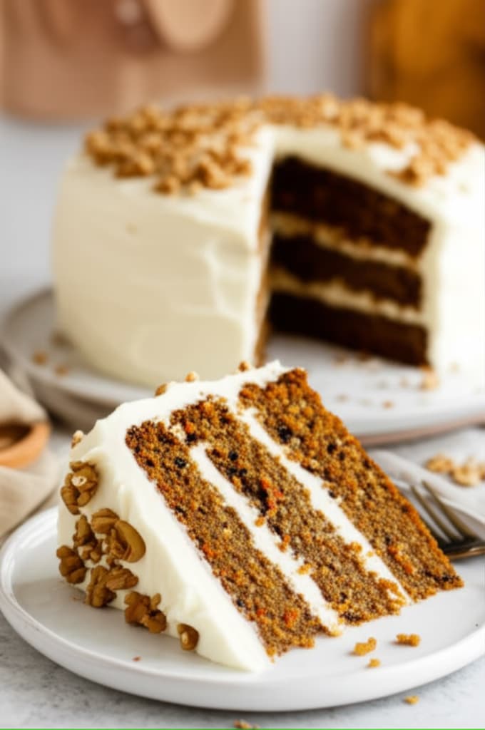 A close-up, ultra-realistic slice of carrot cake on a white plate, topped with thick cream cheese frosting and walnuts, with a whole carrot cake blurred in the background.