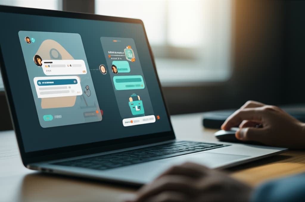 A photorealistic image of a sleek, modern chatbot interface design displayed on a laptop screen, demonstrating intuitive UI/UX for AI chat applications.