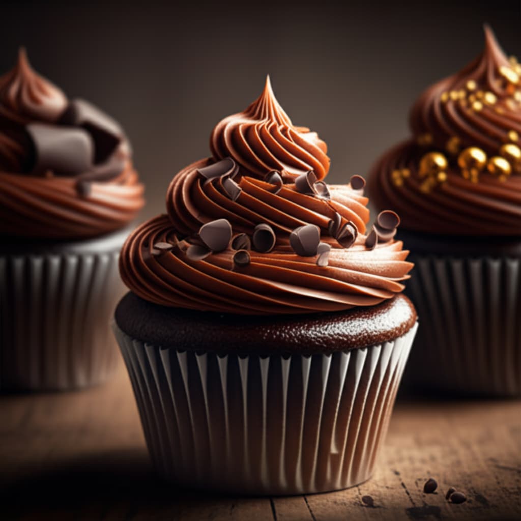 Two decadent chocolate cupcakes, generously topped with smooth, glossy dark chocolate frosting and delicate chocolate shavings, set on a rustic wooden surface. High-resolution image perfect for dessert recipes and sweet cravings.