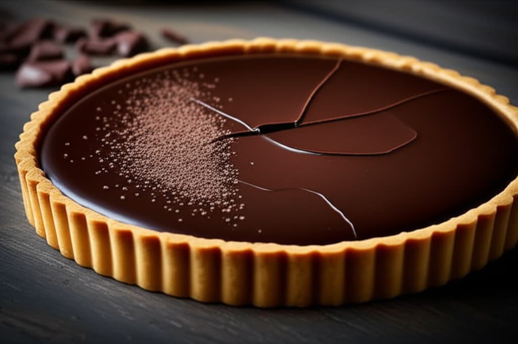 A hyper-realistic close-up of a dark chocolate tart slice, featuring a glossy ganache top, crisp golden-brown pastry crust, and subtle cocoa powder dusting, shot with natural lighting.