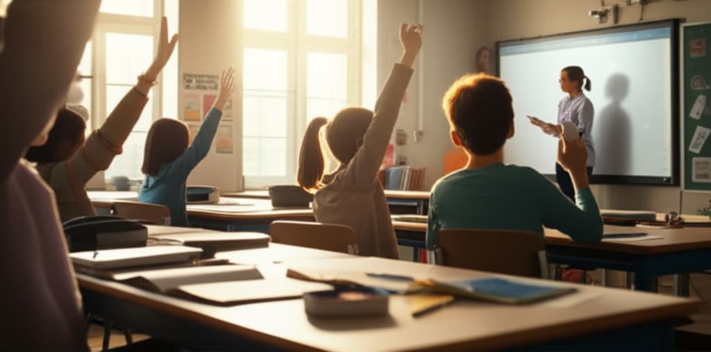 A realistic classroom scene depicting diverse students actively engaged in learning, seated at desks, with a teacher at the front, showcasing a modern educational environment.