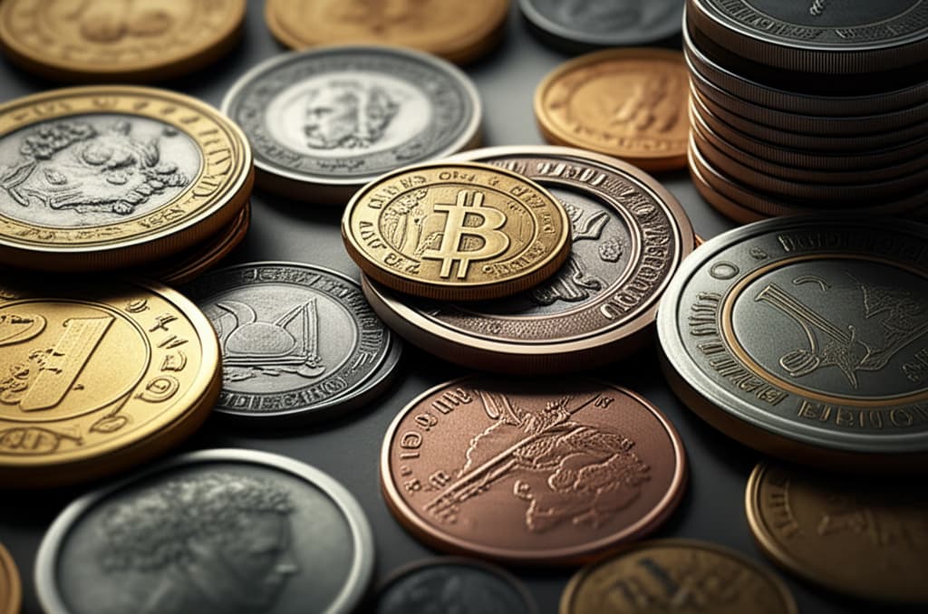 Close-up of a variety of antique and modern coins including gold, silver, and copper, showcasing intricate details and textures.