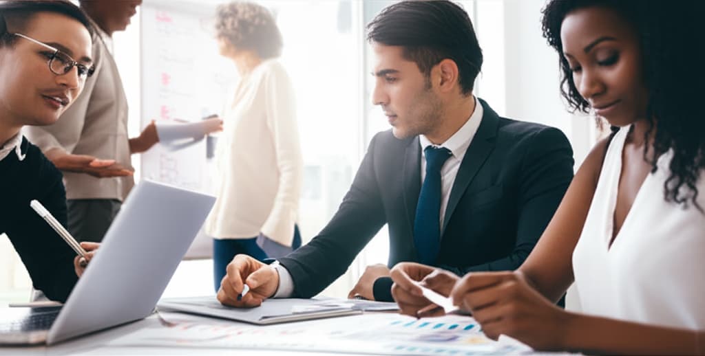 Diverse team of professionals actively collaborating around a table with laptops and a whiteboard, illustrating effective teamwork and brainstorming in a modern office.