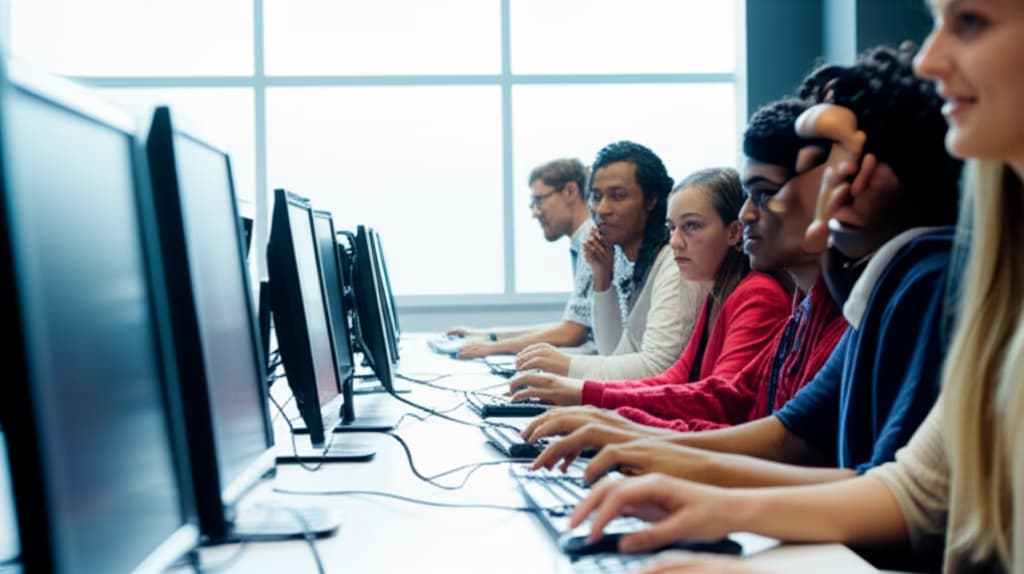 Students actively engaged in a modern computer class, learning digital skills on desktop computers in a well-lit classroom.