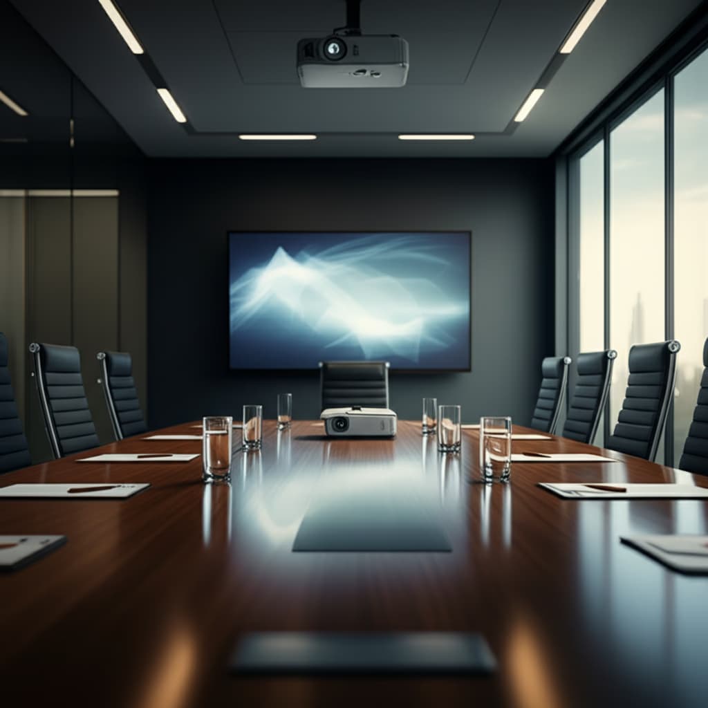 High-quality image of a sleek, modern conference room with a large table, ergonomic chairs, and advanced display technology, illuminated by natural light. Ideal for professional business meetings and collaborative discussions.