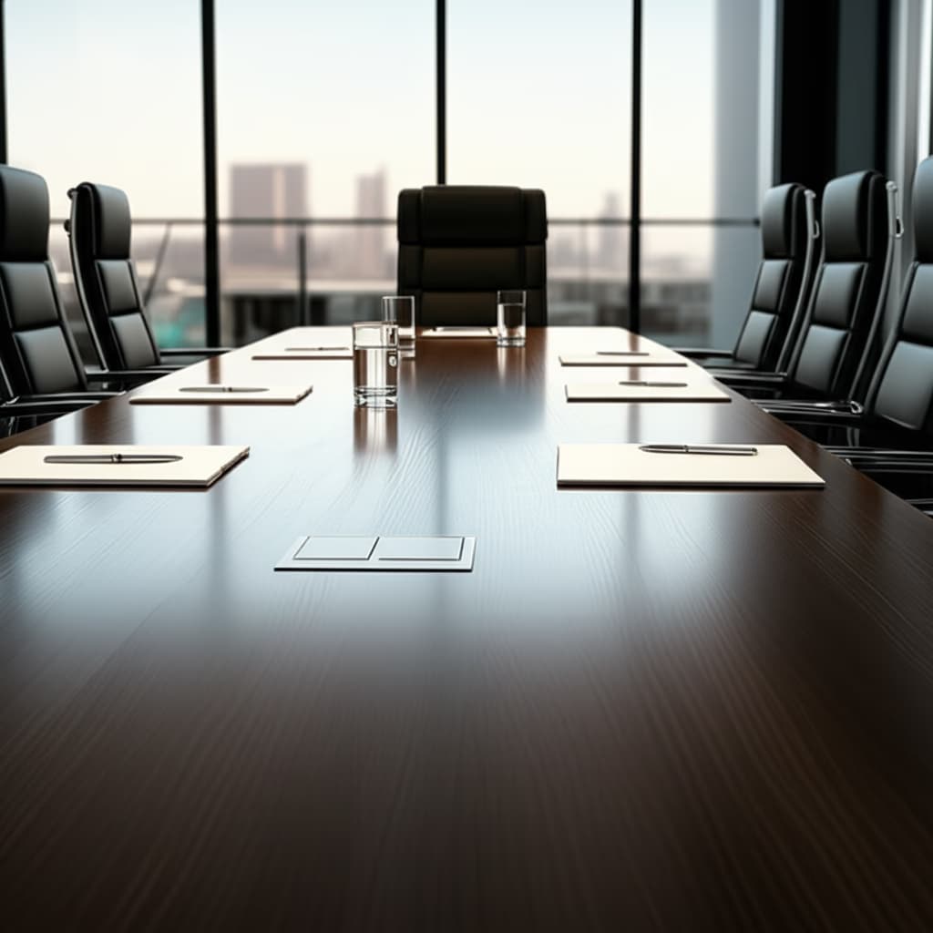 Large modern wooden conference table with sleek ergonomic chairs in a well-lit professional meeting room, ready for a productive business meeting.