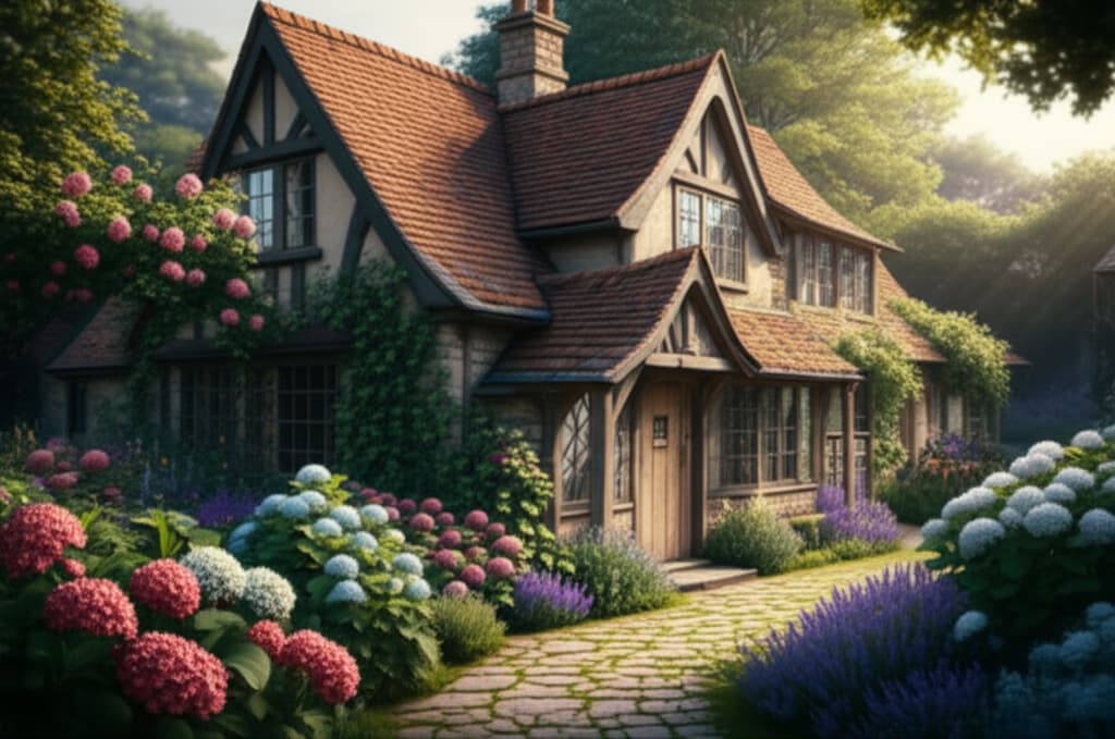 A picturesque cottage style home with rustic stone walls, a gabled roof, and a lush, vibrant flower garden, embodying cozy and charming architecture.