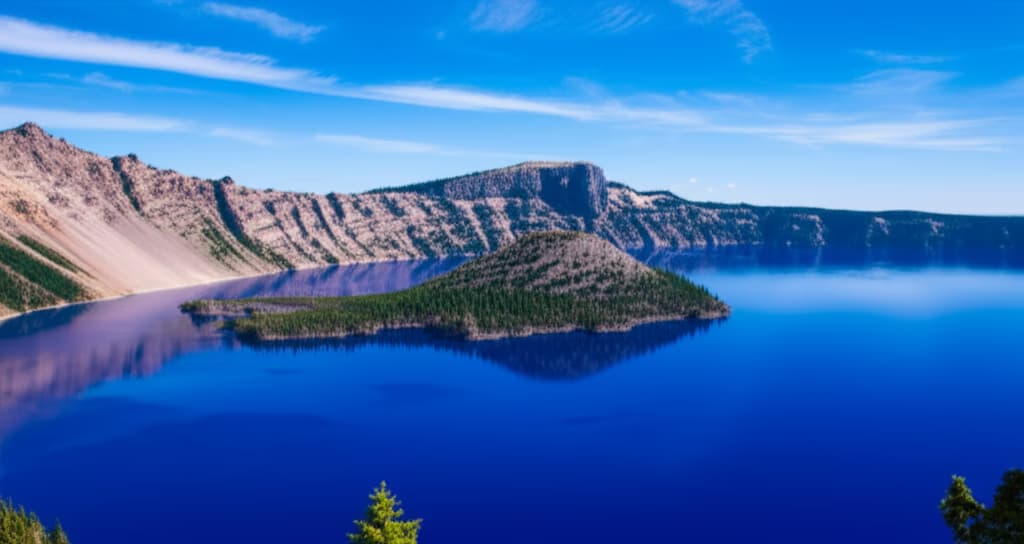 A panoramic view of Crater Lake National Park in Oregon, featuring the iconic deep blue water, the forested Wizard Island, and the surrounding majestic volcanic caldera under a clear sky.
