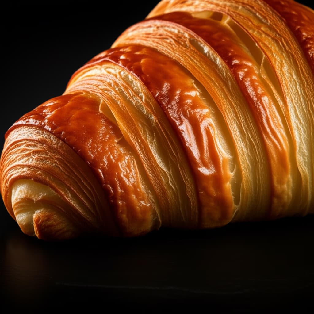 Close-up of a perfectly golden-brown, flaky croissant on a simple plate, showcasing its rich texture and layers under natural light.
