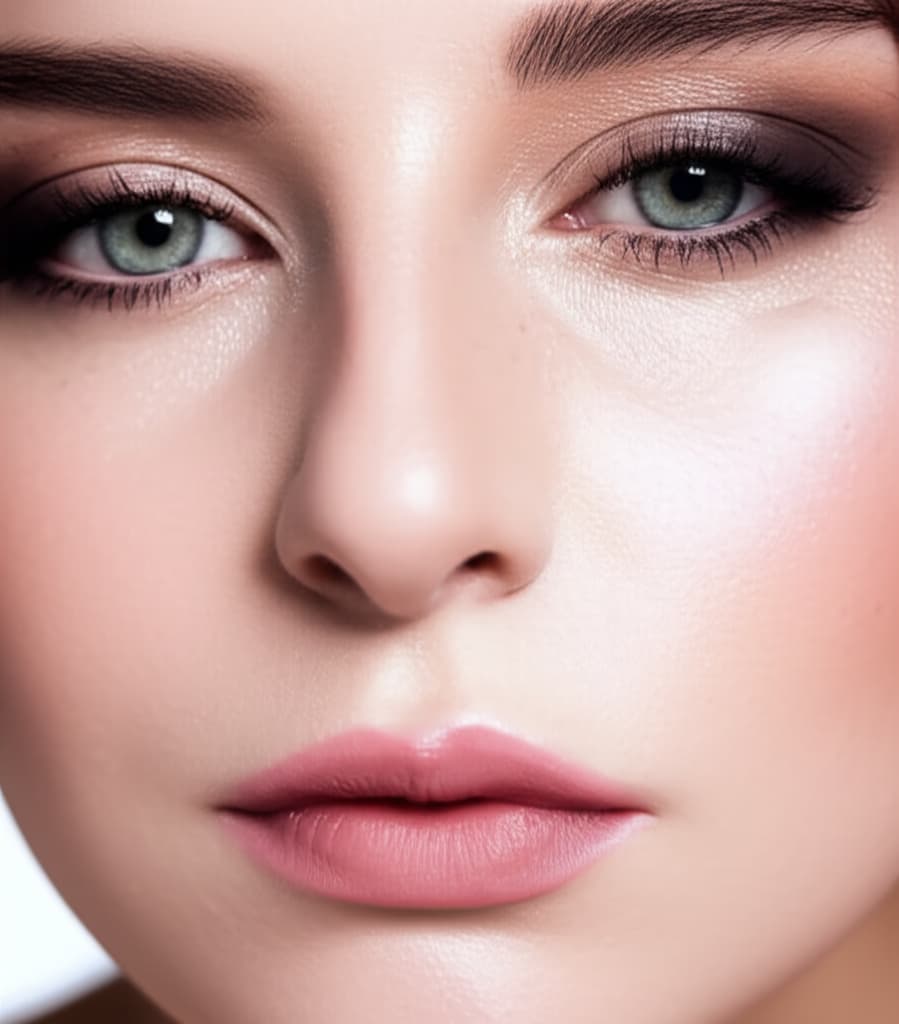 Close-up of a woman with natural, elegant date night makeup, featuring soft smokey eyes, glowing skin, and a romantic lip color, perfect for a special evening.