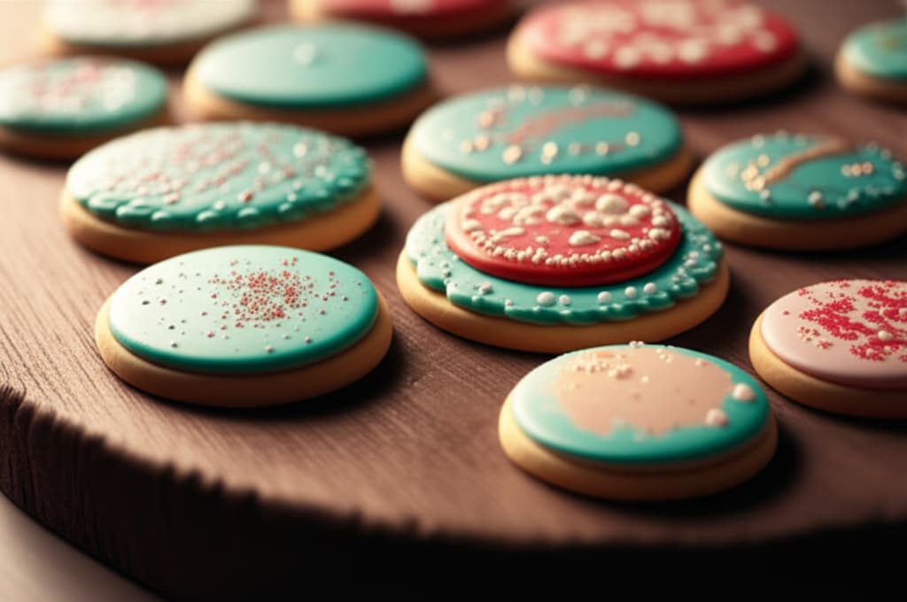 Assorted decorated sugar cookies with intricate royal icing designs on a rustic wooden board, showcasing various shapes and vibrant colors, perfect for holiday baking inspiration.
