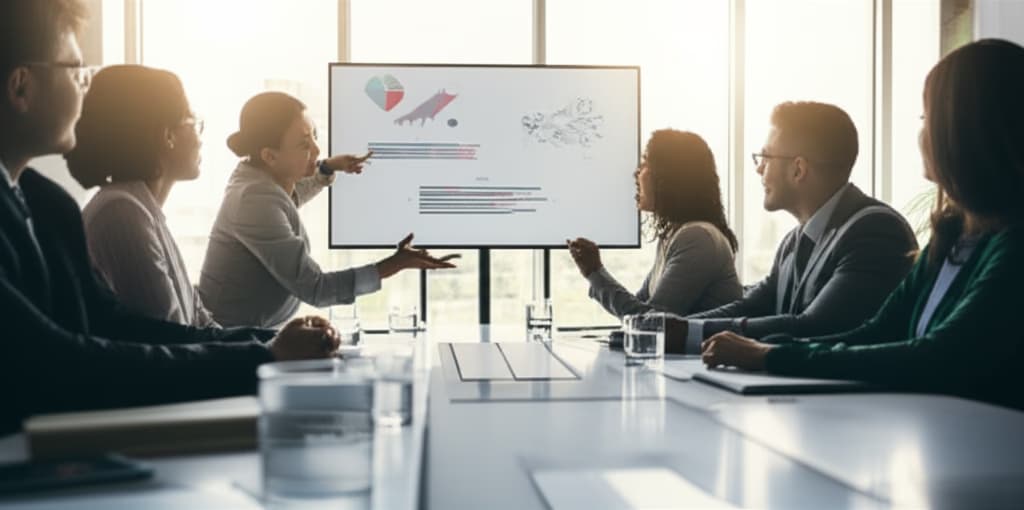A diverse team of professionals actively participating in a department meeting in a modern, well-lit conference room. The image shows collaborative discussion and a presenter on a screen, capturing a realistic and high-quality scene of a business meeting.