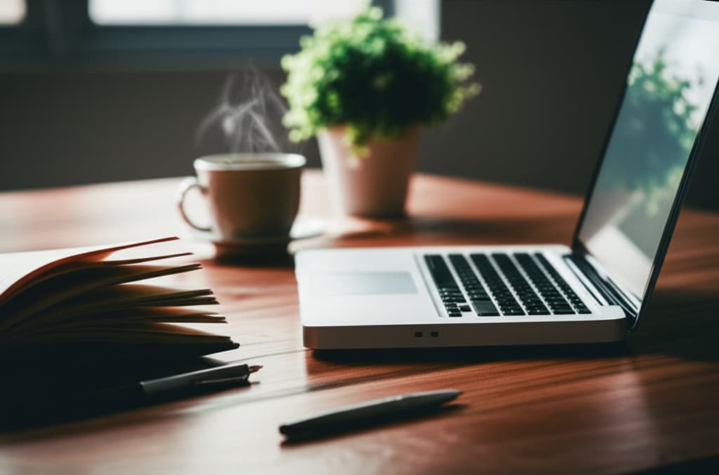 A close-up, hyperrealistic image of an organized study desk featuring a laptop, open book, coffee cup, and natural light, optimized for focused work or study.