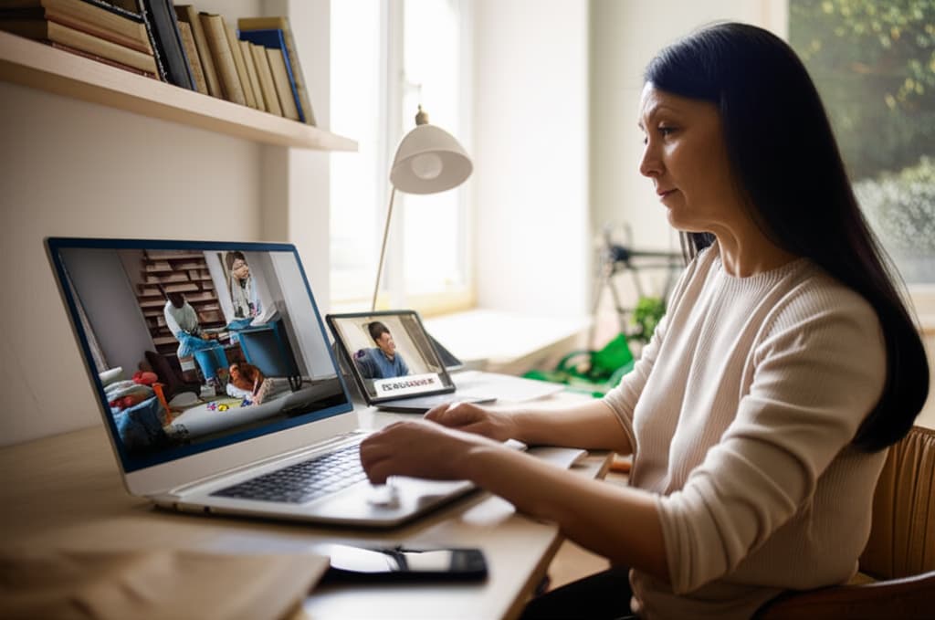 A diverse group of students engaged in various distance education settings: one student studying on a laptop at a kitchen table, another participating in a video call from a home office, and a third reading an e-book in a comfortable armchair. All are focused on their online learning, illustrating the flexibility and accessibility of modern distance education.