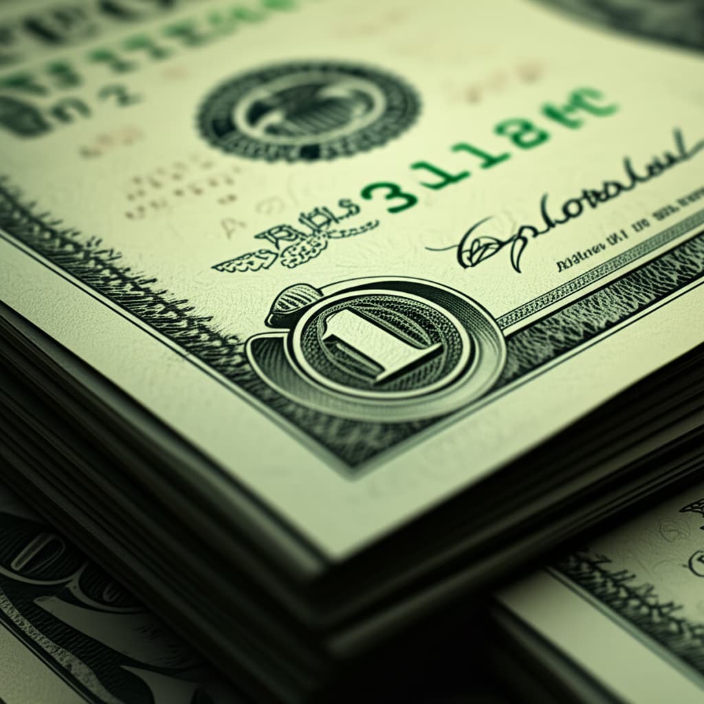 Close-up photo of a stack of crisp United States dollar bills, showing detailed engravings and textures.