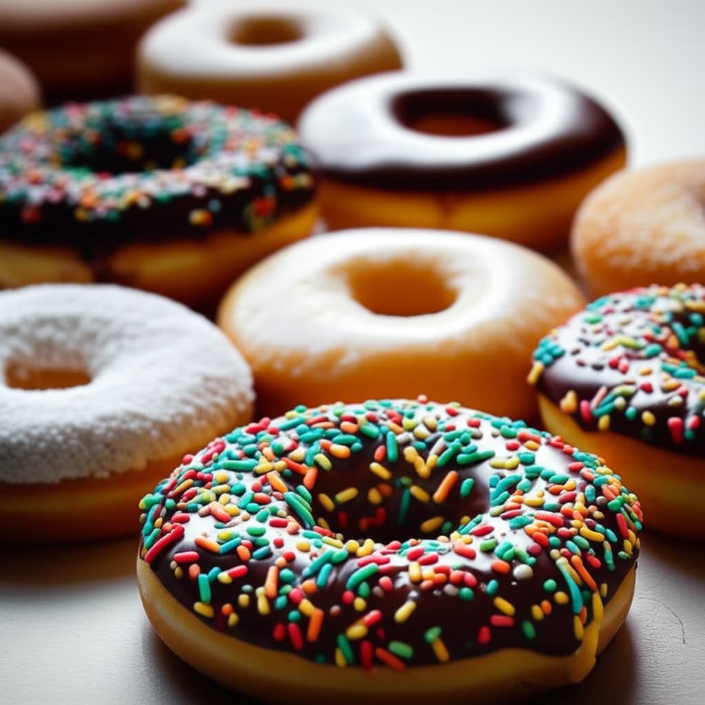 A vibrant assortment of freshly baked donuts, including classic glazed, chocolate frosted with sprinkles, and powdered sugar varieties, artfully arranged on a rustic wooden surface under soft natural light.