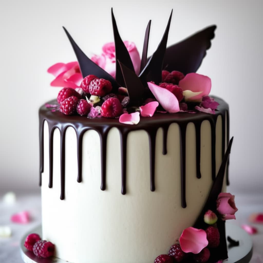 A close-up of a beautifully decorated chocolate drip cake with smooth ganache drips, fresh berries, and edible flowers, suitable for a birthday or wedding celebration.
