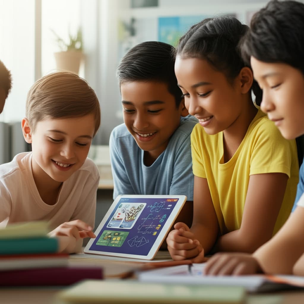 High-quality image of diverse students happily using an educational app on a tablet, demonstrating interactive online learning and digital engagement for children and young adults.