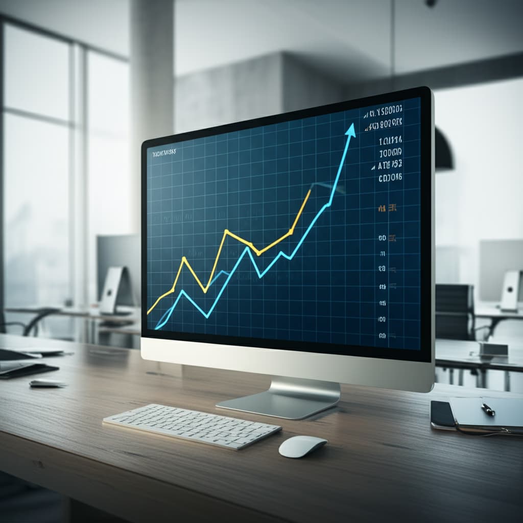Detailed financial graph image on a monitor displaying stock market trends, investment growth, and economic data. Illustrates business performance and financial analysis.