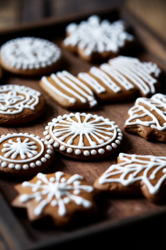 A plate of deliciously decorated gingerbread cookies with white icing on a rustic wooden surface, perfect for holiday baking.