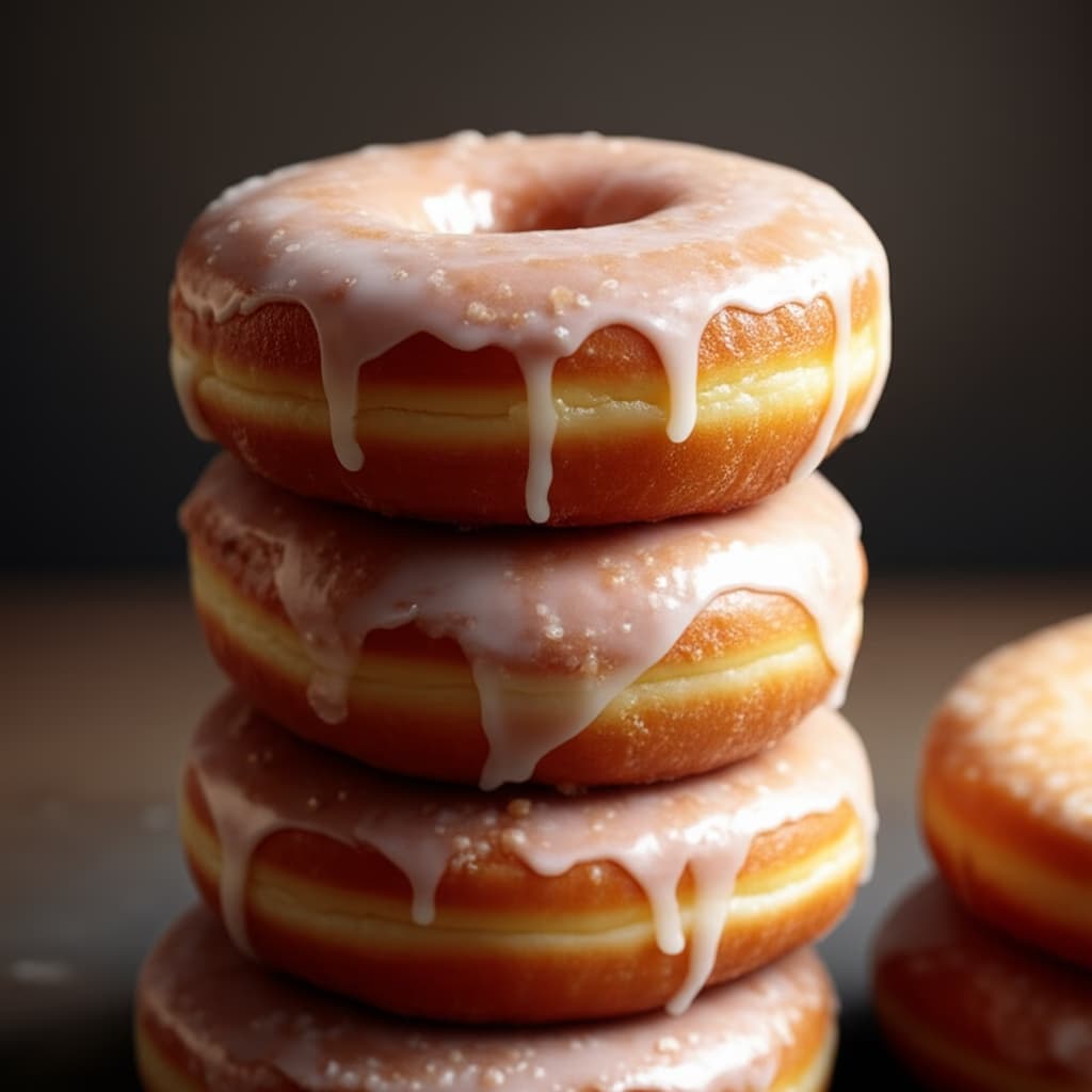 Close-up of a stack of golden-brown glazed donuts, glistening with a clear sugar glaze, on a white background.