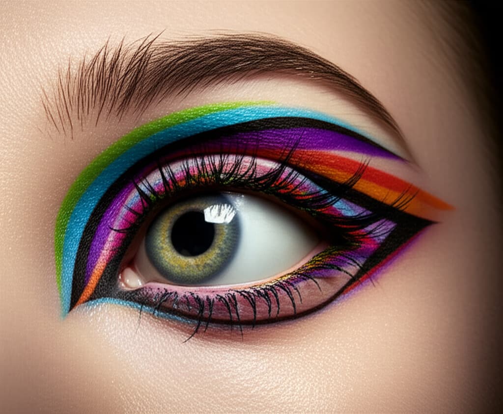 Close-up of a model's eye with intricate, vibrant graphic eyeliner, showcasing detailed artistry and modern makeup trends.
