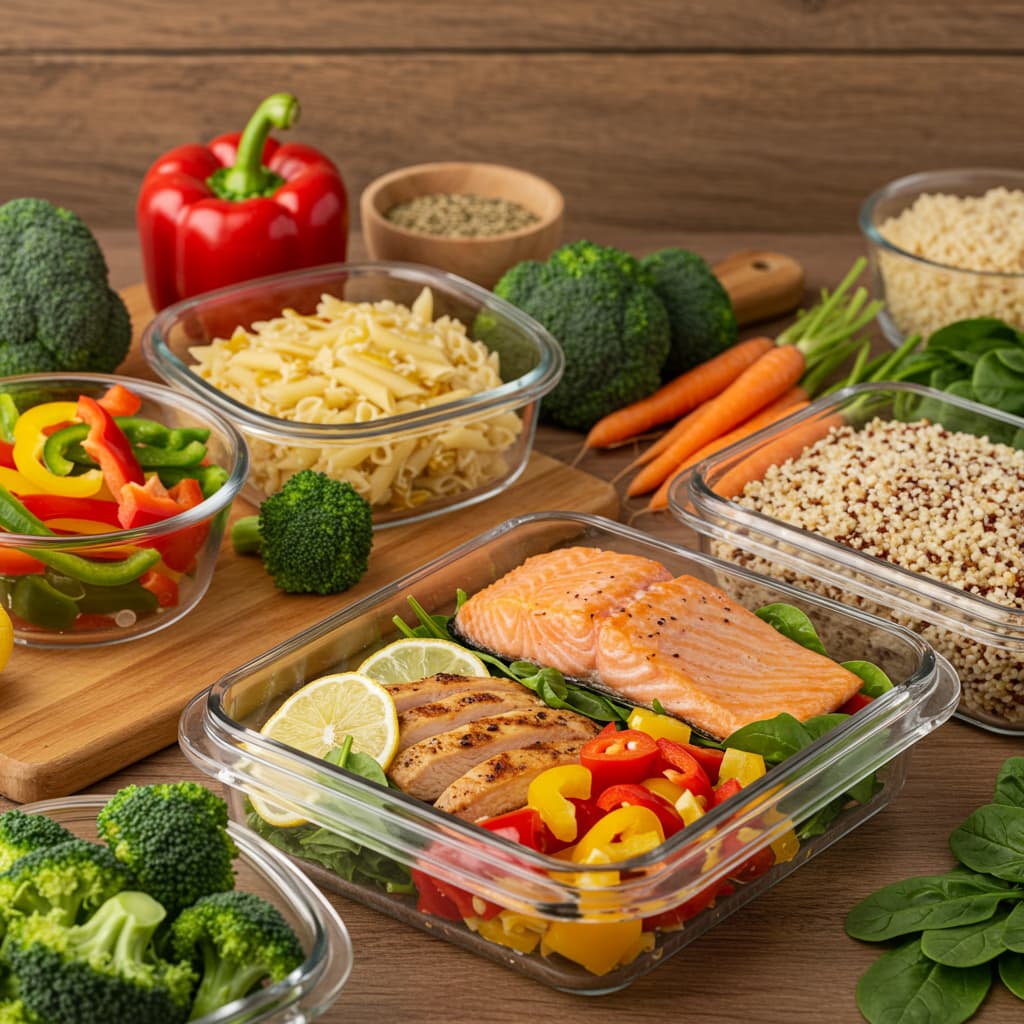 Healthy meals showing nutritious food options and colorful meal prep containers