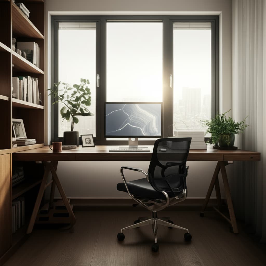 A bright, modern home office featuring a sleek wooden desk, ergonomic chair, large window with natural light, and green plants, designed for productivity and comfort.