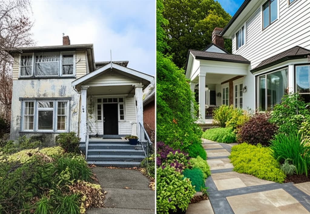 A side-by-side image showcasing the dramatic before and after transformation of a house exterior following a complete modern renovation.